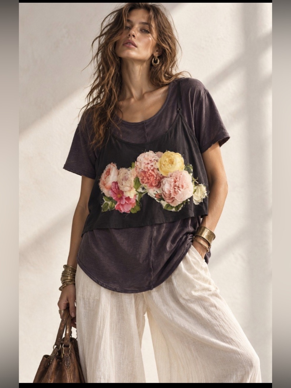 Hand Crafted Charcoal Layered Tee with Floral Front